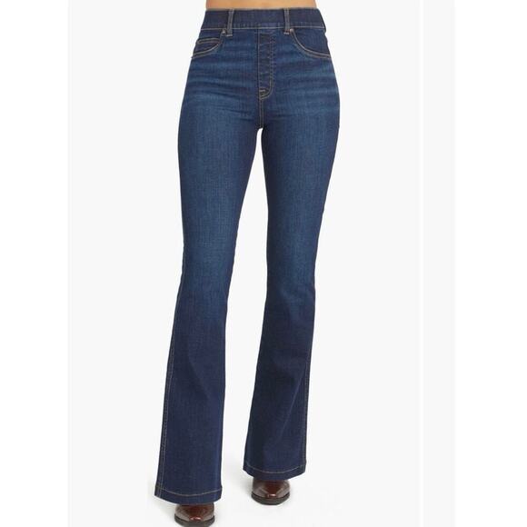 SPANX Flare Jeans Midnight Shade Blue Wash Pull On Stretch Jeans Size Small - Picture 1 of 8